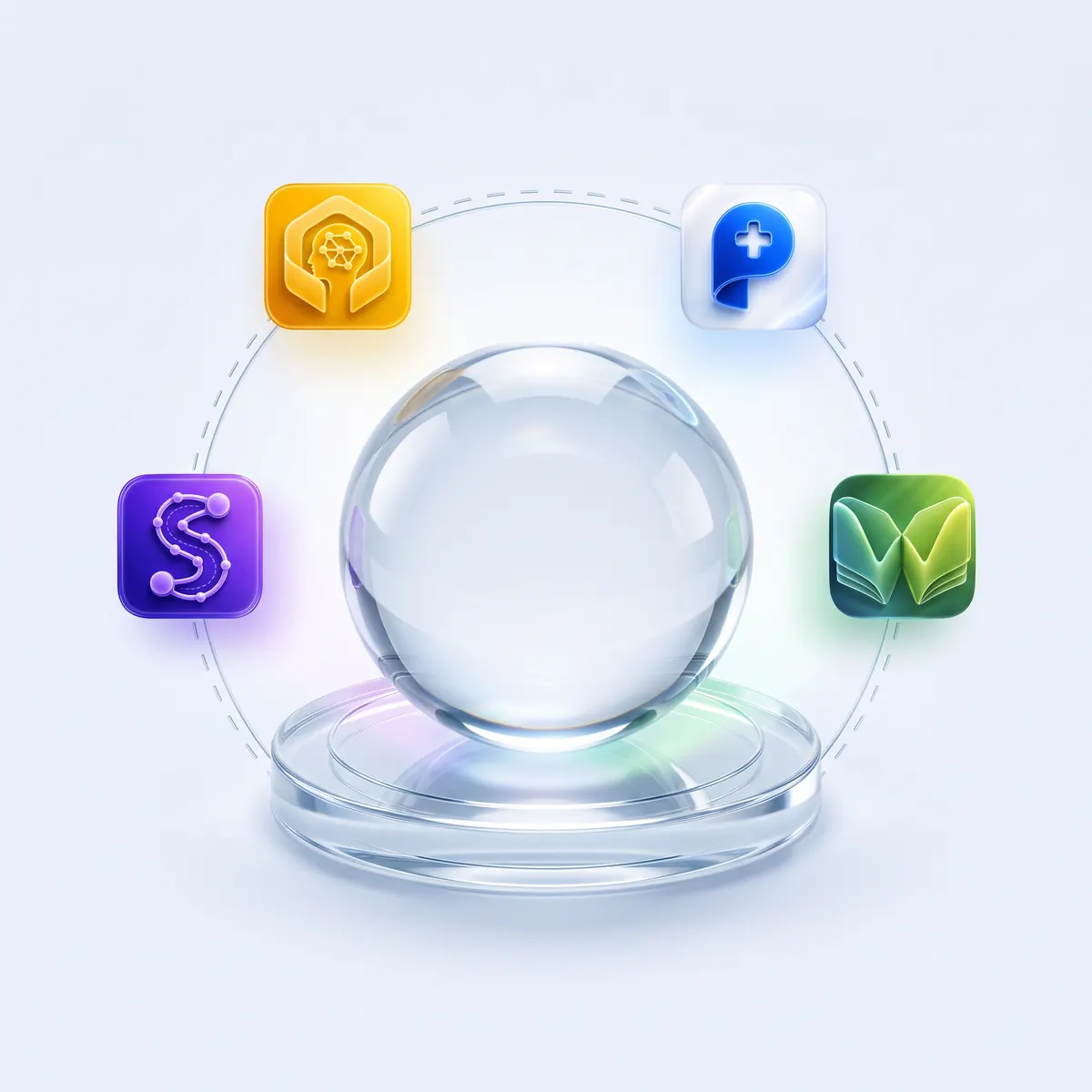 The four app icons of Prognia, Ward, Suture and Osler orbiting a glass sphere on a glass pedestal